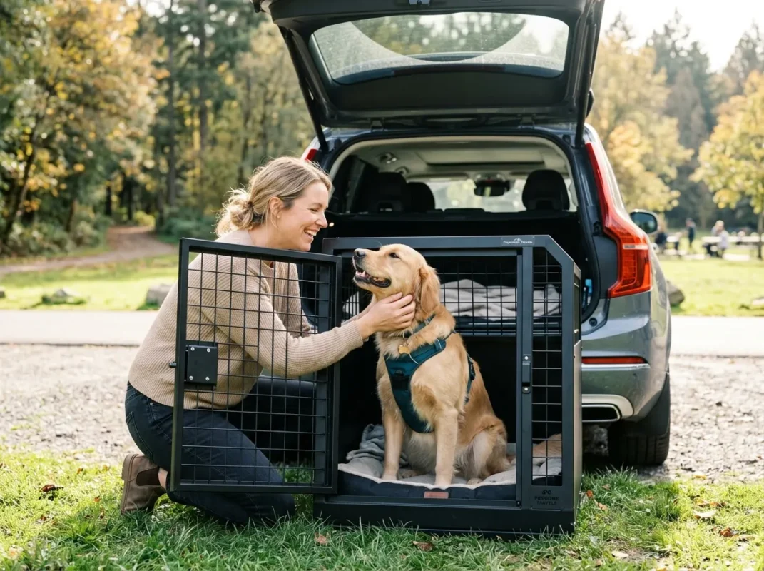 Happy Golden Retriever in a premium custom dog crate inside an SUV